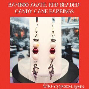 Bamboo Agate Beaded Candy Cane Charm Gemstone Festive Earrings
